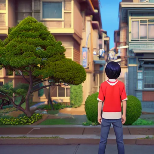 Prompt: teen japanese boy standing in front of his home in san fransokyo, pixar film, big hero 6, hyper detailed, digital art, trending on artstation, cinematic lighting, studio quality, smooth render, unreal engine 5 rendered, octane rendered