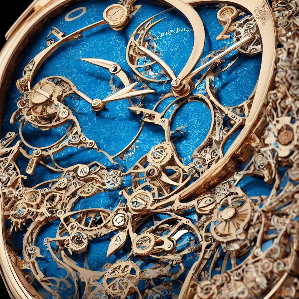 Image similar to a steampunk sleek, jewelled, tropical bird repeater watch by Jaquet Droz, highly detailed illustration highlights, gold and silver highlights, neon blue highlights, macro photography, F/2.8, trending on artstation, octane render