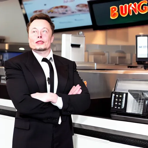 Image similar to elon musk working at burger king, elon musk working the register at a fast food restaurant