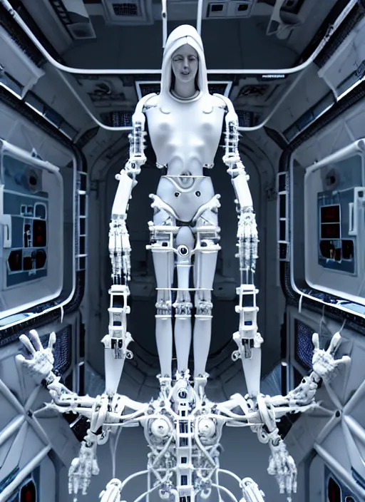 Prompt: space station interior, a statue jesus on cross made of white marble, perfect symmetrical body, full body shot, inflateble shapes, wires, tubes, veins, white biomechanical, wearing epic bionic cyborg implants, masterpiece, intricate, biopunk, vogue, highly detailed, artstation, concept art, cyberpunk, octane render