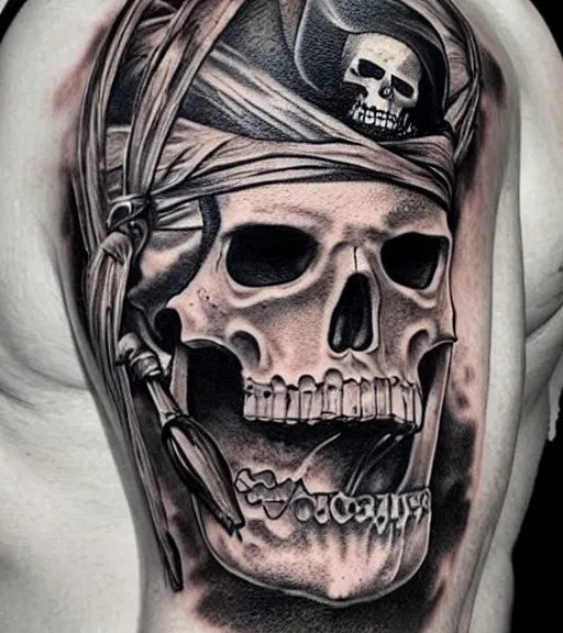 Image similar to A realism tattoo design of a pirate ship, white background, black and white, highly detailed tattoo, realistic tattoo, realism tattoo, beautiful shades