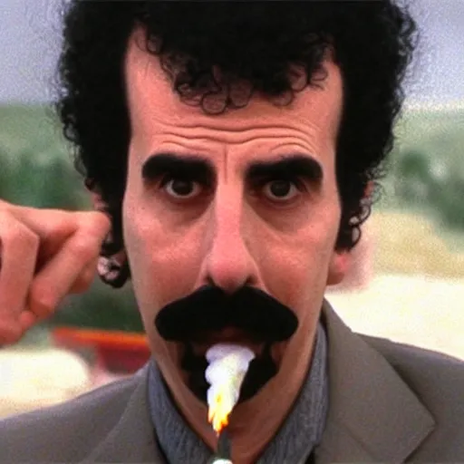 Image similar to Borat smoking a giant joint, 8k, smoke, hyper-detailed, cinematic