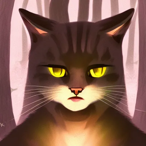 Image similar to a portrait of a cat in the forest, trending on artstation, trending on furaffinity, digital art, by kawacy, anime, furry art, warm light, backlighting, cartoon, concept art