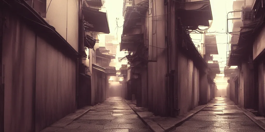 Image similar to a japanese alleyway filled with ghosts, in the style of blade runner 2049, volumetric lighting