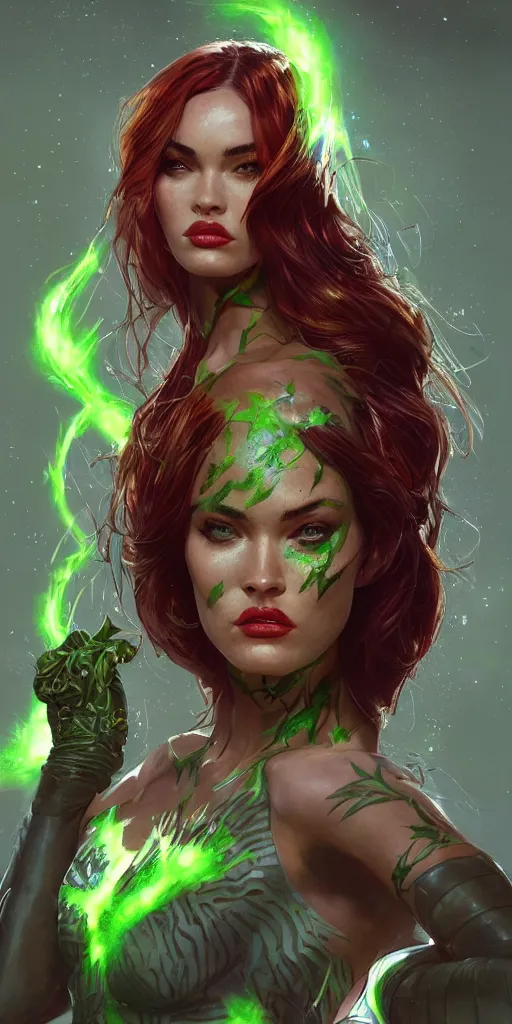 Image similar to portrait of apex legends megan fox as poison ivy, intricate, elegant, glowing lights, highly detailed, digital painting, artstation, glamor pose, concept art, smooth, sharp focus, illustration, art by artgerm and greg rutkowski, artey freytag