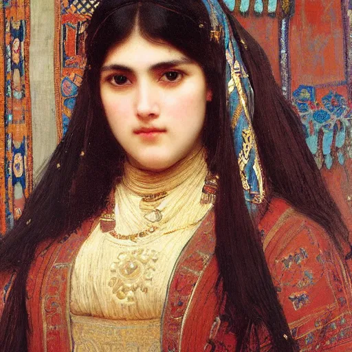 Prompt: orientalist portrait of a woman with thick black bangs selling carpets at market intricate artwork by john william waterhouse and Edwin Longsden Long and Theodore Ralli and Henryk Siemiradzki. trending on artstation, very coherent symmetrical artwork high detail 8k