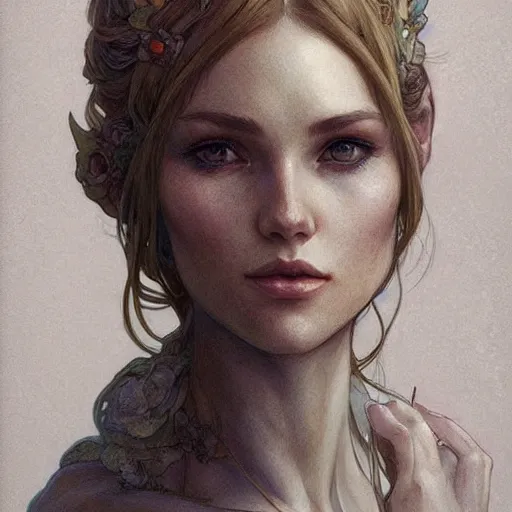 Image similar to character portrait by Magali Villeneuve and Steve Argyle,Livia Prima,Mucha,dress,fantasy art,beautiful,artstation,trending on artstation,intricate details,alluring,masterpiece