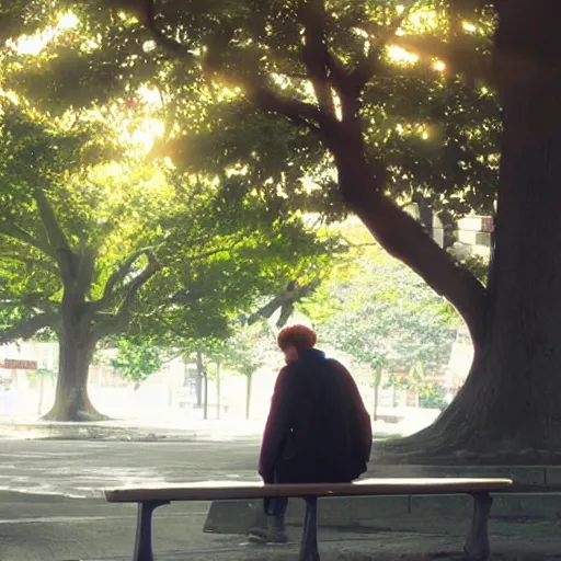 Image similar to a man sitting on a bench, anime key visual, stunning angle