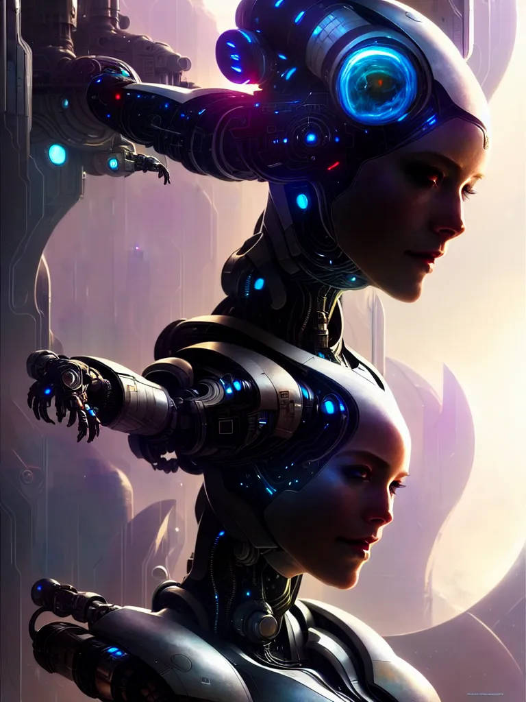 Image similar to ultra realistic, beautiful female cyborg in a space metropolis, sci-fi, cyberpunk, concept art, intricate details, eerie, highly detailed, octane render, 8k, , art by artgerm and greg rutkowski and alphonse mucha