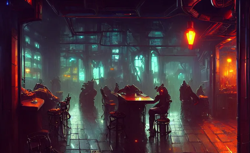 Image similar to a cyberpunk tavern with rainy and moody cinematic lighting by darek zabrocki and greg ruthkowski, alphonse mucha, simon stalenhag and cinematic and blue cold atmospheric, concept art, artstation, trending on artstation