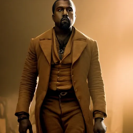 Image similar to Kanye West as Django in 'Django Unchained', splash art, movie still, cinematic lighting, detailed face, dramatic, octane render, long lens, shallow depth of field, bokeh, anamorphic lens flare, 8k, hyper detailed, 35mm film grain