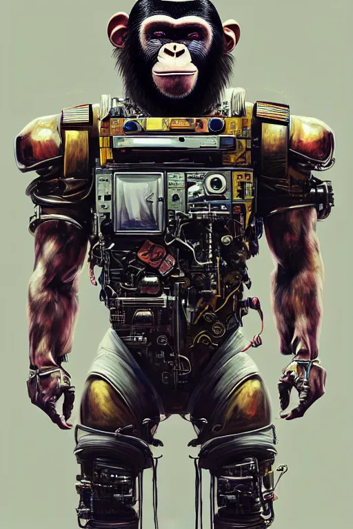 Image similar to a portrait of a muscular anthropomorphic cyberpunk chimp in spacesuit armor with ensignia on chest plate by sandra chevrier, by jon foster, detailed render, pistol in holster, extremely hyperdetailed, tape deck, epic composition, cybernetics, 4 k realistic, cryengine, realistic shaded lighting, sharp focus, masterpiece, by enki bilal