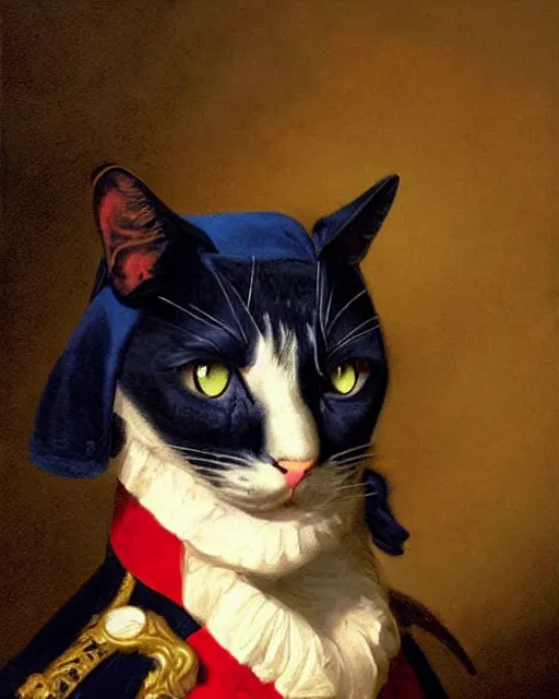 Image similar to portrait of cute dark brown cat with serious expression wearing 1 8 th century royal guard uniform in navy blue and red, joseph ducreux, greg rutkowski, regal, royal, princely, painting