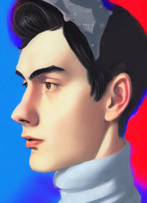 Image similar to portrait of teenage jughead jones wearing a light grey crown, crown, blue turtleneck, 1 9 5 0 s, closed eyes, photorealistic, black hair, glowing lighting, intricate, elegant, glowing lights, highly detailed, digital painting, artstation, concept art, smooth, sharp focus, illustration, art by wlop, mars ravelo and greg rutkowski