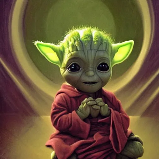 Image similar to baby groot sitting baby yoda in the style of william adolphe bouguereau