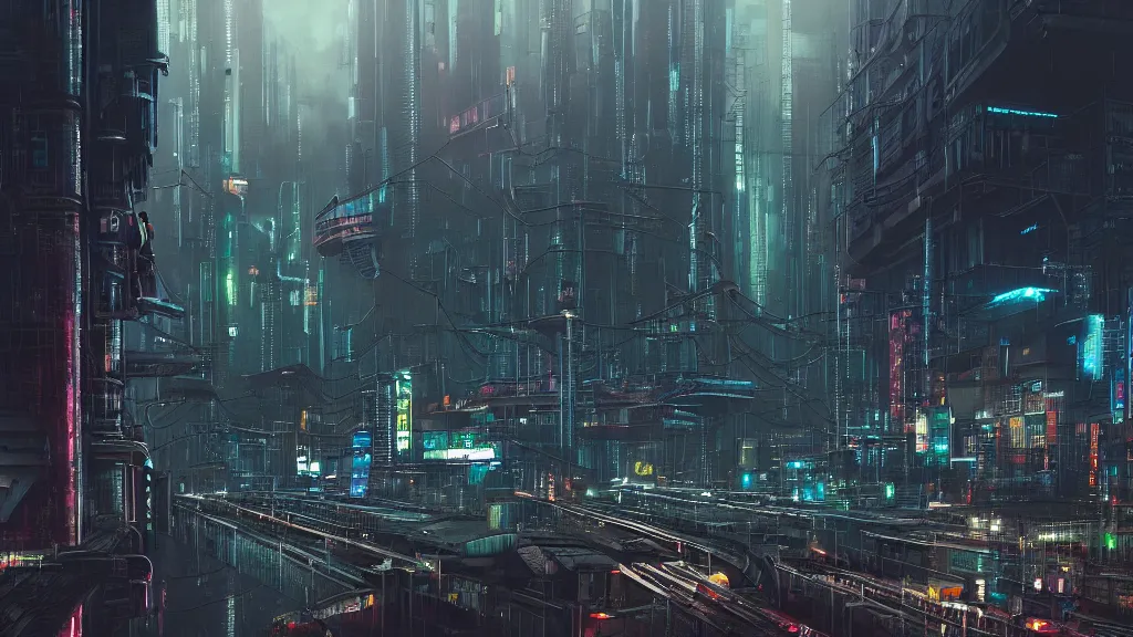 Prompt: cyberpunk industrial site. cyberpunk factories. cyberpunk city backdrop. night time. blade runner. rain. rail tracks. cyberpunk industrial area. digital render. digital painting. cyril roland. ross tran. trending on artstation