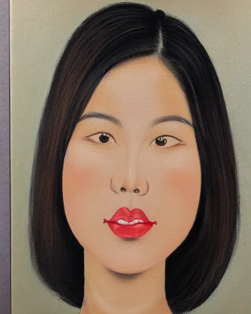 Prompt: a portrait of a cute asian - american woman with shoulder length dark hair, straight hair, she has tired eyes, eye bags, small and thick red lips, she's wearing a floral print blouse, button nose, chubby cheeks, round face, soft chin, strong jawline, oil on canvas, very detailed oil painting, photorealistic quality