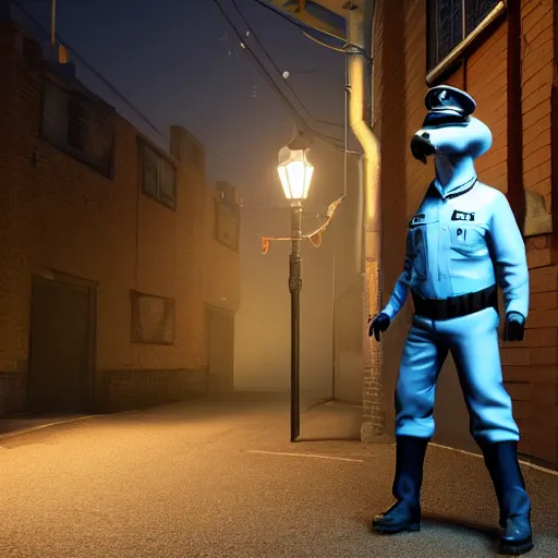 Prompt: furry anthro 3d source engine render 4k police officer anthropomorphic white wolf in blue uniform standing under a streetlamp in an alley at night half life