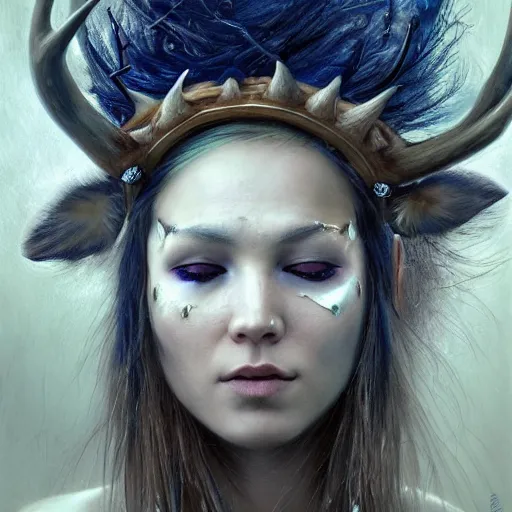 Image similar to a young female shaman, blue hair and antlers on her head. blindfolded, heilung, in the style of heather theurer, headshot photoshoot, insanely detailed and intricate, beautiful, elegant, cinematic toplight, portrait, headroom, artstation, karol bak, karol bak, karol bak