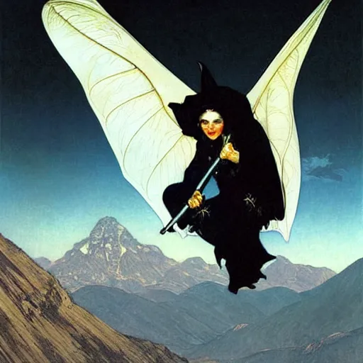 Image similar to hyper realistic white bat, flying against a dark black night sky, mountain in the background, moonlight, denoised, very detailed, painted by james gurney, alphonso mucha, norman rockwell, tom bagshaw