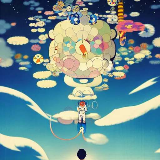 Image similar to a man walking on clouds above kyoto by takashi murakami, beeple and james jean, aya takano color style, 4 k, super detailed