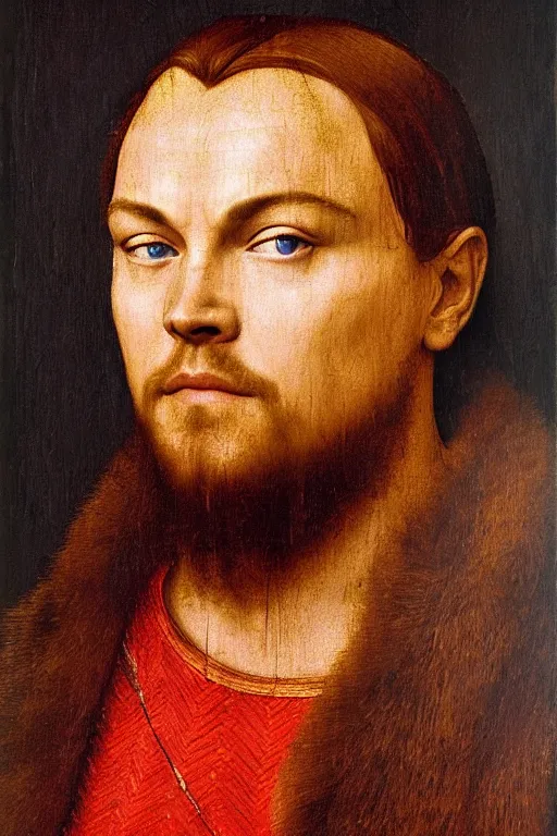 Image similar to 1 4 0 0 s renaissance portrait of leonardo dicaprio oil painting by jan van eyck, northern renaissance art, oil on canvas, wet - on - wet technique, realistic, expressive emotions, intricate textures, illusionistic detail