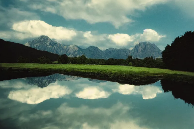 Image similar to film color photography, small mirror reflected clouds, long view of green lawn, no focus, mountains in distance, 35mm
