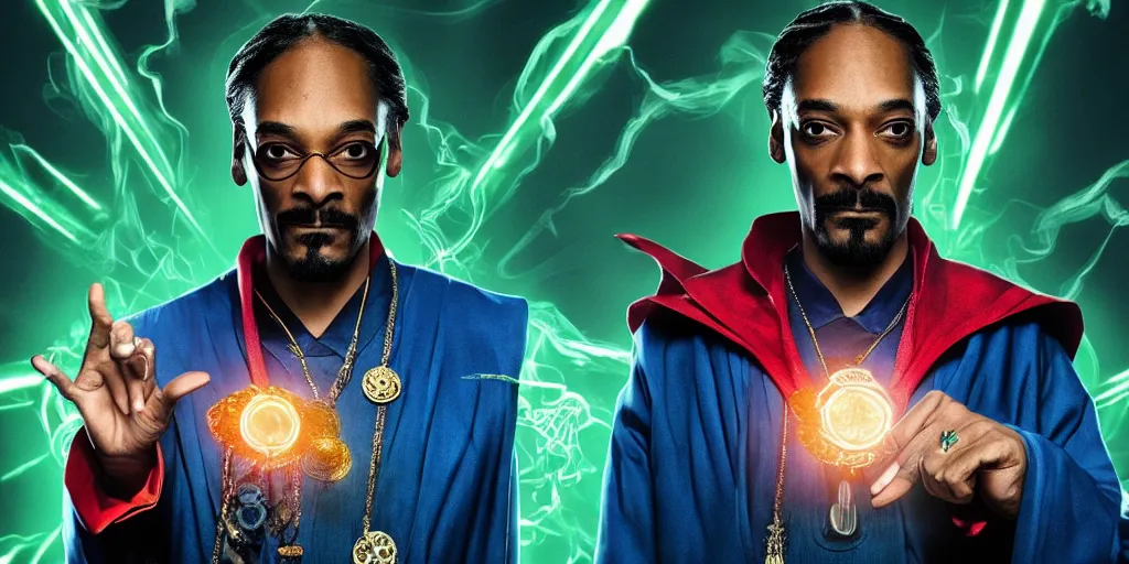 Image similar to snoop dogg as the doctor strange, marijuana leaves, green light, highly detailed, marvel cinematic universe, mcu, photo