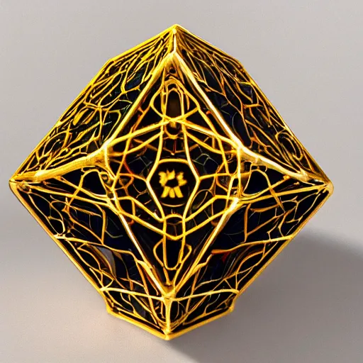 Prompt: metatrons cube made from gold, candles fire and smoke in the background