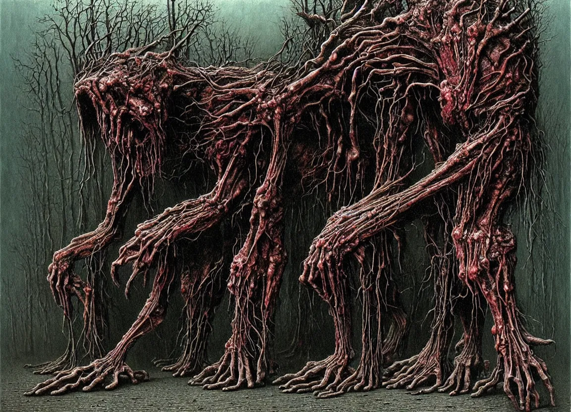 Prompt: Giant fanged limb monster walks in the road. Drops of blood and meat with veins. There are dead bodies on the road. Dark colors, high detail, hyperrealism, horror art, intricate details, masterpiece, biopunk, body-horror, art by Beksinski, Giger