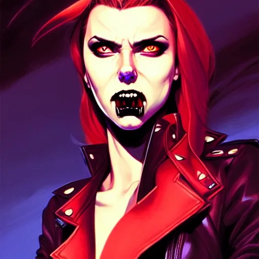 Image similar to rafael albuquerque comic art, peter mohrbacher, david baldeon, artgerm, pretty scarlett johansson vampire sharp vampire teeth open mouth, symmetrical eyes, black leather jacket, jeans, long blonde hair