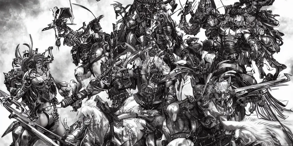 Image similar to Four horsemen of the apocalypse by masamune shirow, vivid, very detailed, matte, cinematic, CGSociety