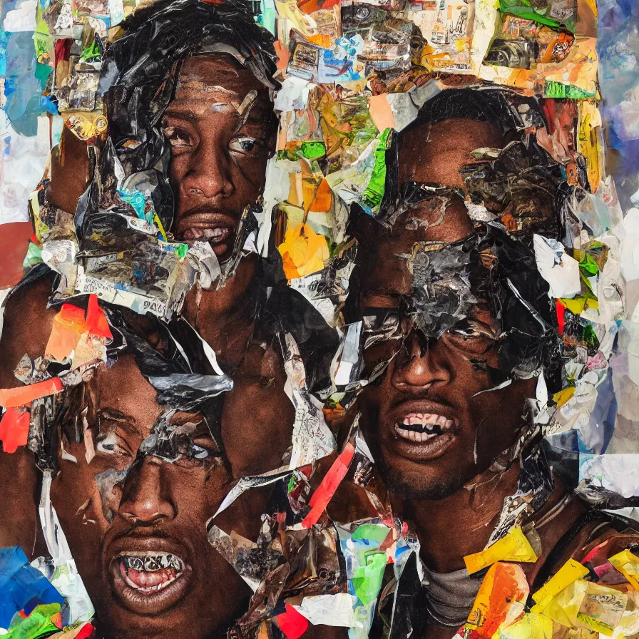 Image similar to rendered in blender travis scott with a trash bag on his head, collage paper and tape, acrylic on canvas, hyperrealism mixed with expressionism, high resolution, cinematic, unreal 6, breathtaking detailed, by blake neubert