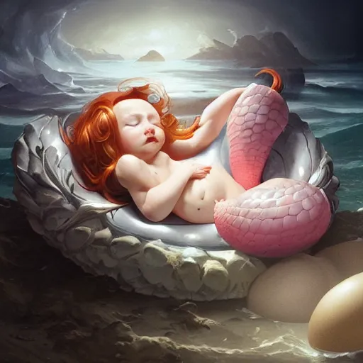 Prompt: a baby mermaid sleeping in an egg, ultrarealistic, dramatic lighting, high details, 4 k, 8 k, best, accurate, trending on artstation, artstation, photorealism, ultrarealistic, digital painting, style of peter mohrbacher, caravaggio, boris vallejo