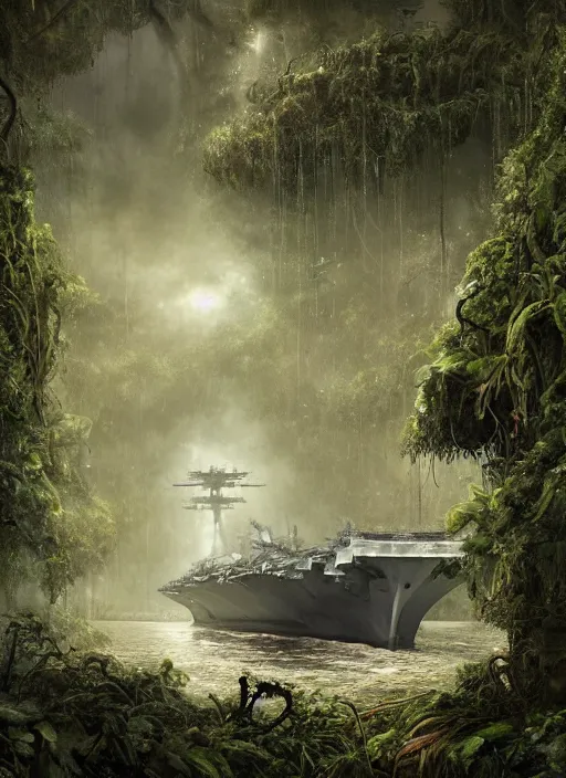 Image similar to decayed aircraft carrier USS Nimitz laying on the ground of a tropical forest overgrown with vegetation and hanging vines, post appocalyptic, by Luis Royo, by Greg Rutkowski, dark, gritty, intricate, cover illustration, concept art, volumetric lighting, volumetric atmosphere, sharp focus, octane render, trending on artstation, 8k