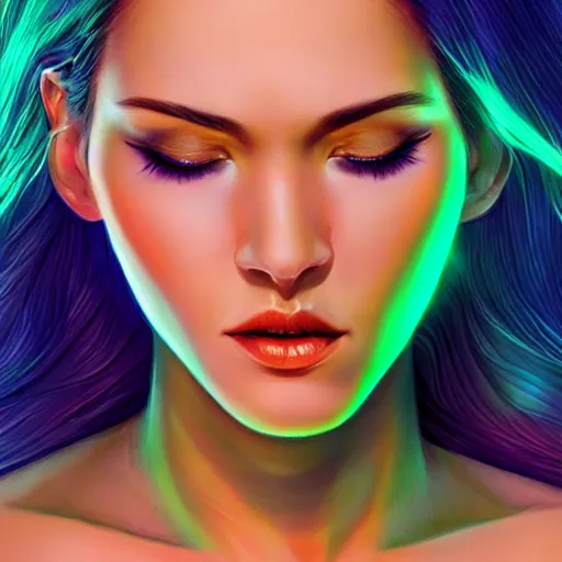 Prompt: electric woman, cute - fine - face, pretty face, oil slick hair, realistic shaded perfect face, extremely fine details, realistic shaded lighting, dynamic background, artgerm, 8 k ultra realistic, highly detailed, art by koreyba