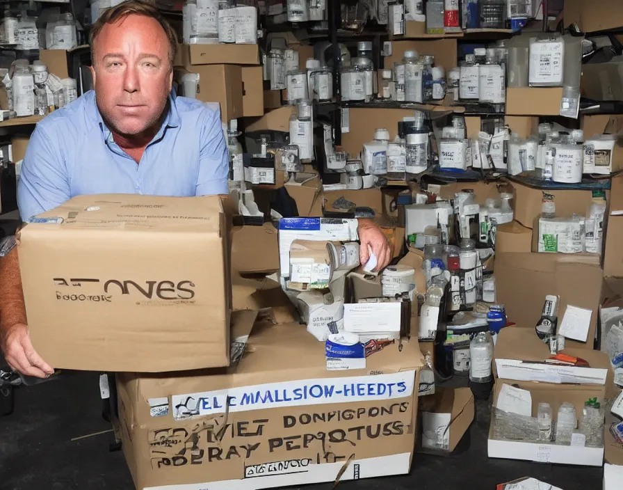 Prompt: Alex Jones inventing new conspiracy theories in his garage office, surrounded by boxes of herbal supplements, detailed photograph high quality