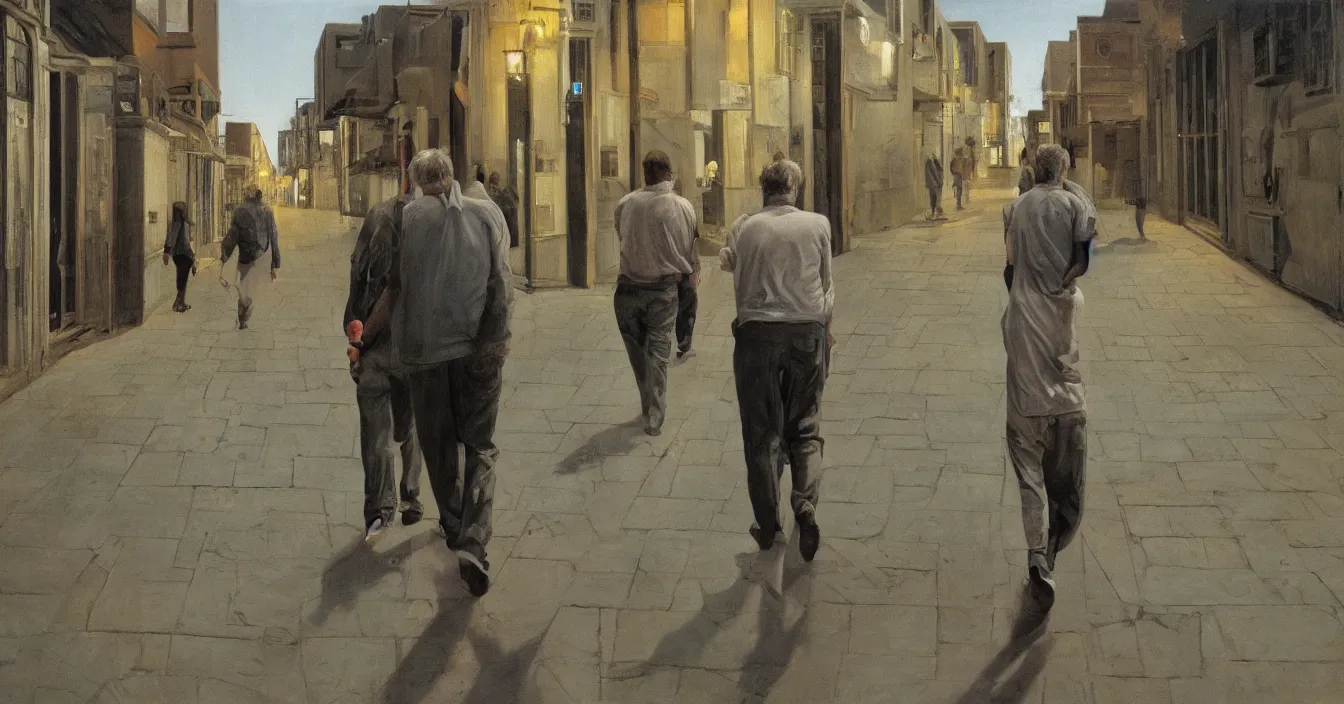 Image similar to high quality high detail painting of todd solondz walking with a friend in an empty tel aviv street, night, by lucian freud and gregory crewdson and francis bacon, hd, photorealistic lighting