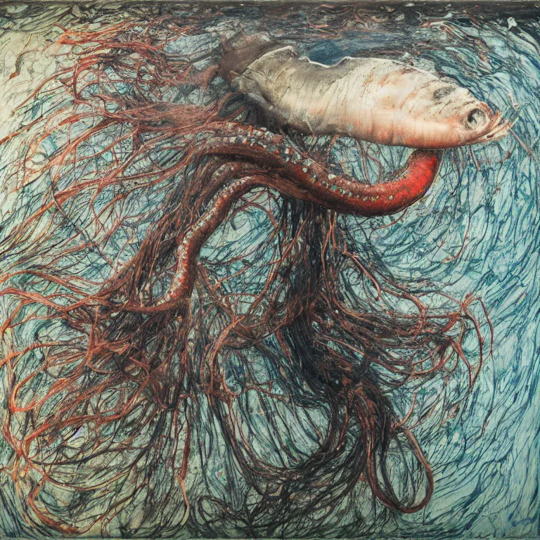 Image similar to Hyperrealistic intensely colored Studio wet collodion Photograph portrait of a deep sea Giant Squid deep underwater in darkness long exposure, award-winning nature deep sea expressionistic impasto heavy brushstrokes oil painting by Cy Twombly! and Tim Hawkinson and Anselm Kiefer vivid colors hyperrealism 8k