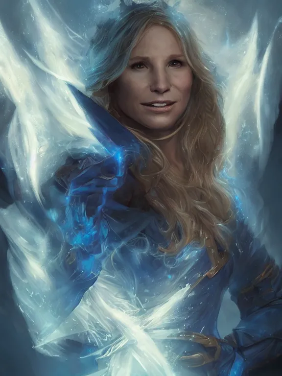 Image similar to Kristin Bell casting a lighting spell, blue lighting, D&D, fantasy, highly detailed, digital painting, trending on artstation, concept art, sharp focus, illustration, art by artgerm and greg rutkowski and magali villeneuve