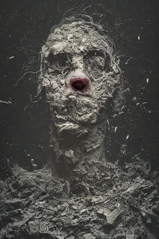 Image similar to a dark morbid portrait of an exploding human head made from antique paper, dry and dusty faling apart, intricate, cinematic lighting, surreal photography, simon stalenhag