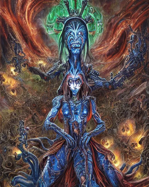 Image similar to silver mechanical charred bloody fleshmetal obliterator cyborg daemonhost woman wearing robes, psychedelic flamer of tzeentch with extra arms gunner, blue and green rainbow fire, by antonio j. manzanedo, alex grey, android jones, wayne barlowe, philippe druillet, josephine wall, eve ventrue, cronenburg, trending on artstation