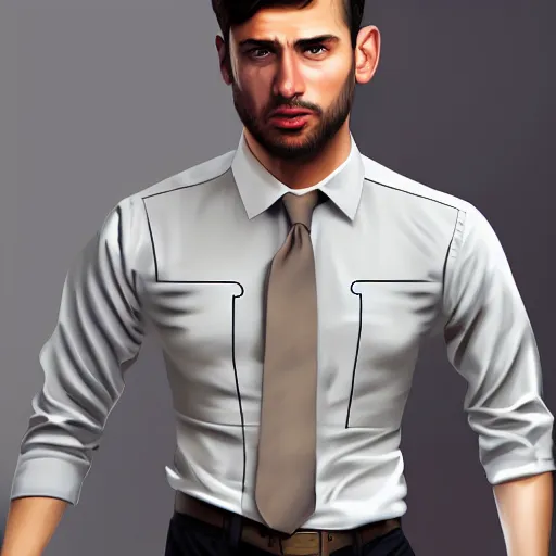 Image similar to realistic! portrait of young brown working man wearing a formal shirt, hyperrealistic face!, 8k detailed digital art , trending on artstation, detailed digital art
