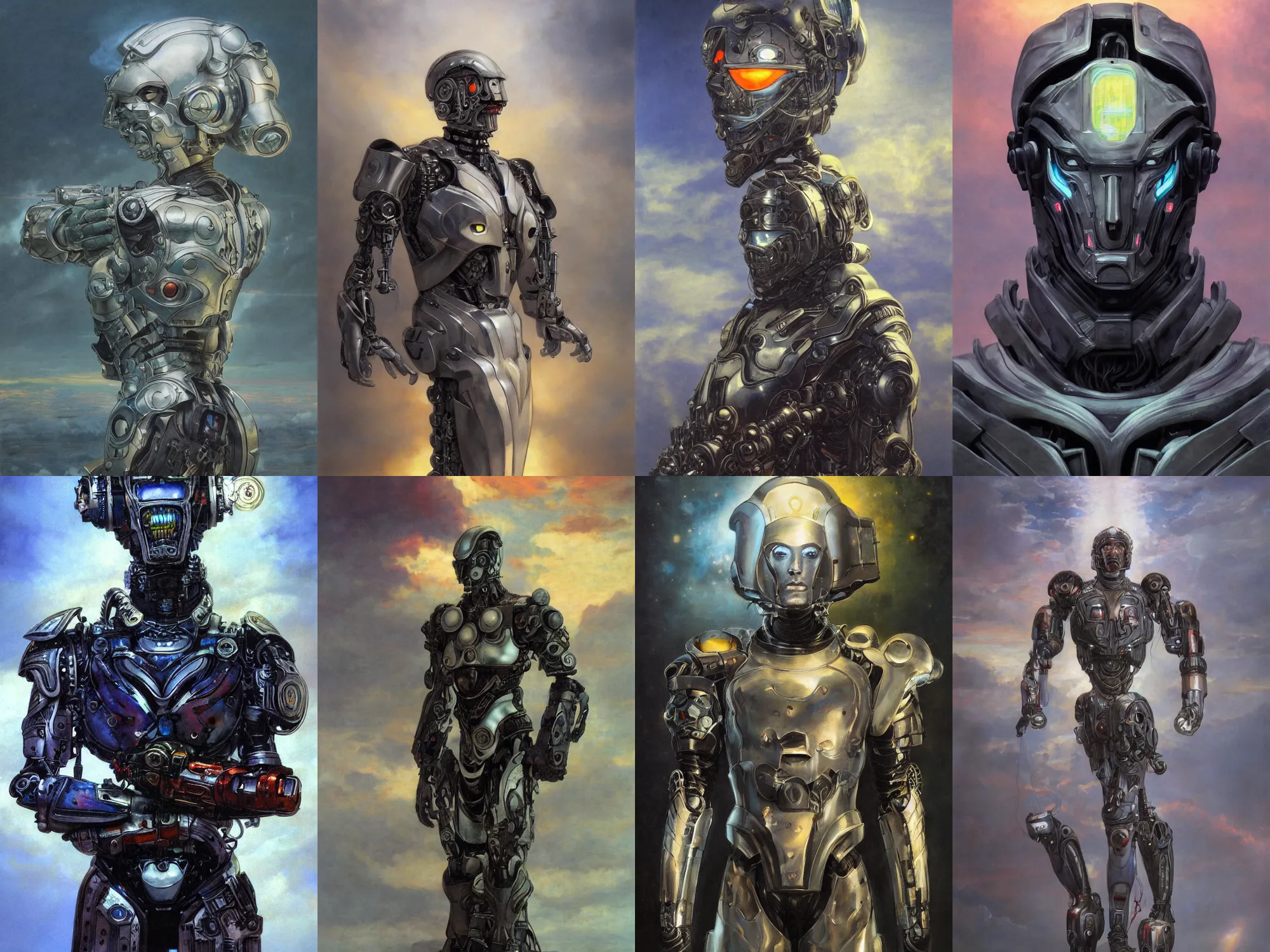 Prompt: portrait of epic anthropomorphic duality cyborg neon armor, in clouds, cinematic studio light, windy, sunrise, by gerald brom, by mikhail vrubel, by peter elson, muted colors, extreme detail, trending on artstation