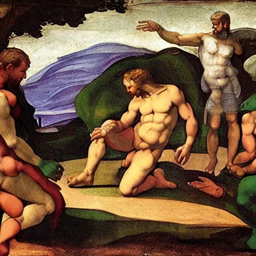 Prompt: michelangelo painting of The Creation of Adam except The hand on the left is a green alien hand with three thin fingers