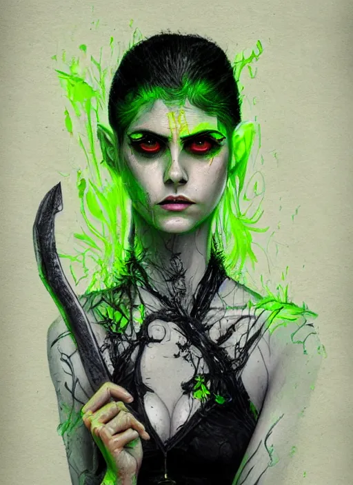 Image similar to a Demon Slayer portrait of Alexandra Daddario, tall, pale-skinned, slender with lime green eyes and long eyelashes by Stanley Artgerm, Tom Bagshaw, Arthur Adams, Carne Griffiths, trending on Deviant Art, street art, face enhance, chillwave, maximalist, full of color, glittering