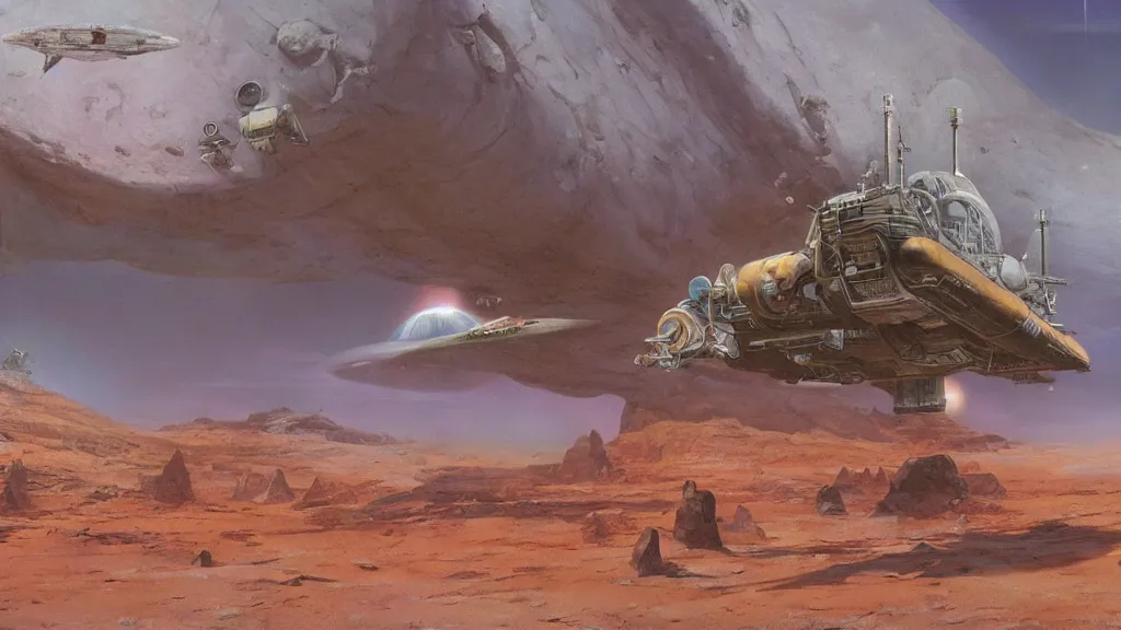 Image similar to small organic dropship lander by john schoenherr and jim burns, epic cinematic matte painting