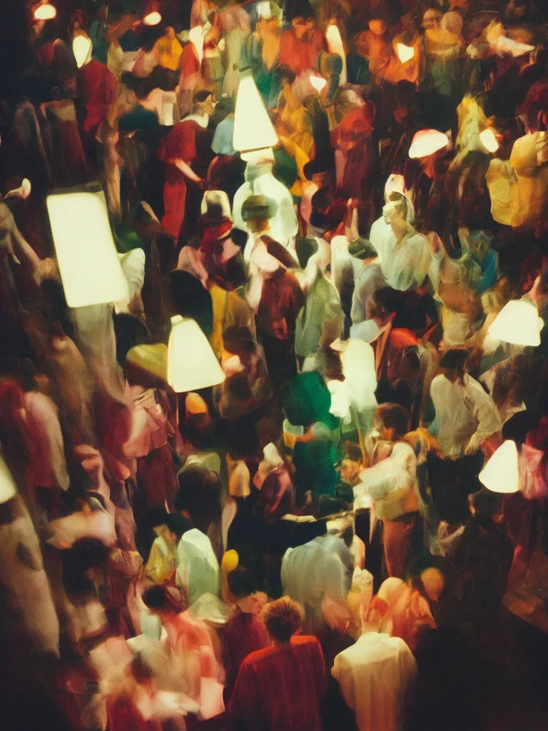 Prompt: dramatic scene shallow depth of field medium shot uncanny surreal photograph of a colorful intimate art studio in 1 9 9 5 titled'light on the crowd ', photographed by william eggleston and ken price and man ray, grainy shocking detail trending on artstation 8 k