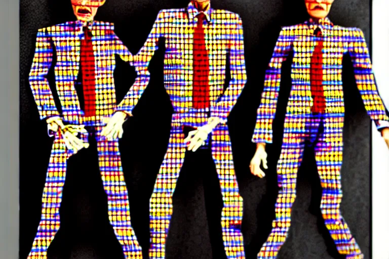 Image similar to image of gilbert and george being possessed by the ghost of alan turing, chromatic noise, stop motion vinyl action figure, plastic, toy, butcher billy style