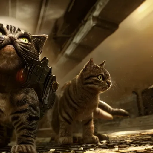 Image similar to lil bub the cat in Gears of War, splash art, movie still, cinematic lighting, dramatic, octane render, long lens, shallow depth of field, bokeh, anamorphic lens flare, 8k, hyper detailed, 35mm film grain